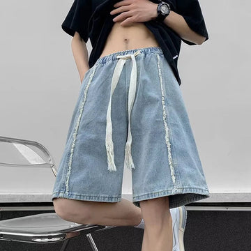 AIDASE  -  Elastic Waist Men Denim Short Summer American Style Loose Casual Versatile Washed Frayed Straight Wide-Leg Pants 21E6862 aidase-shop